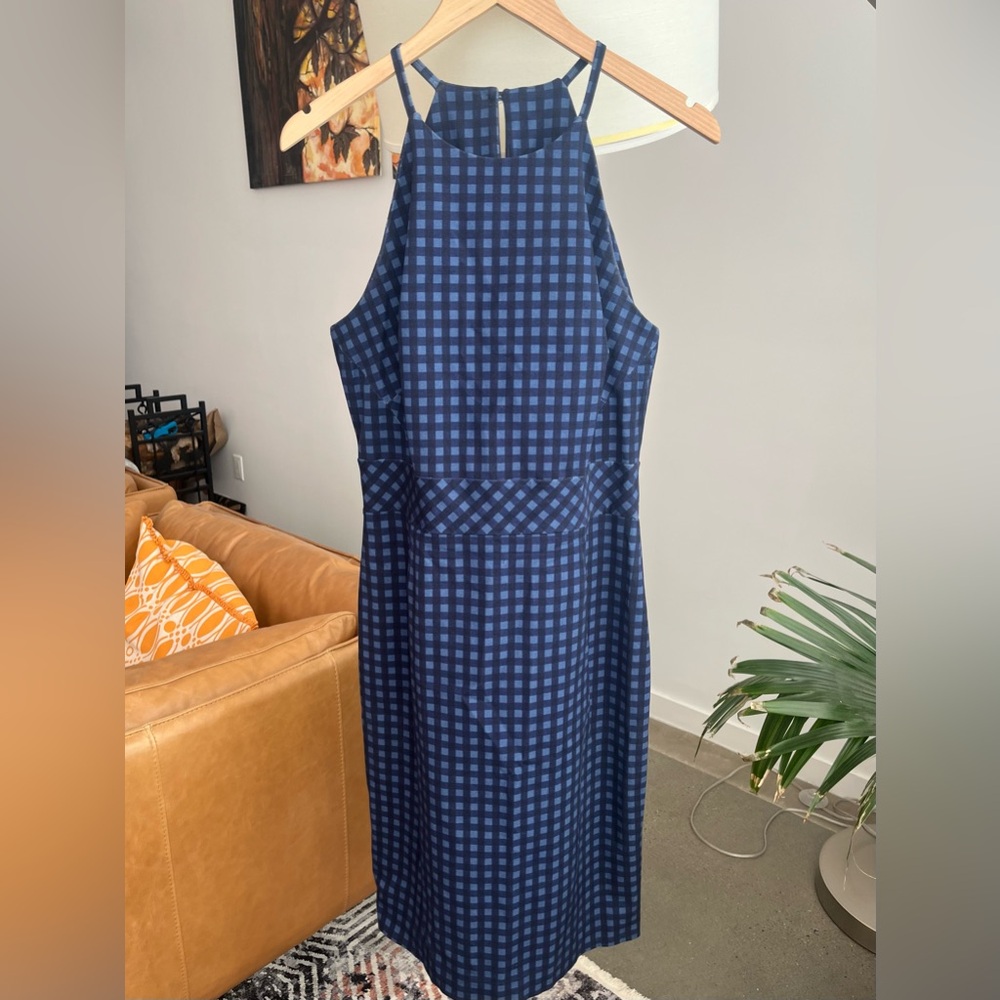 Banana Republic Navy Blue Patterned Halter Sheath Dress - Picture 2 of 6